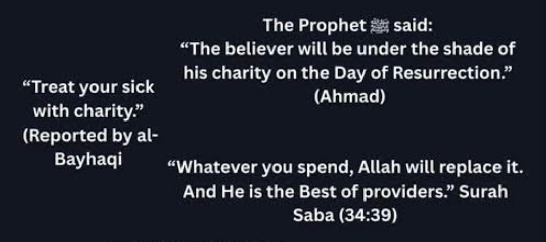 A graphic listing the benefits of giving Sadaqah, featuring quotes from the Prophet Muhammad ﷺ and references to Islamic sources.