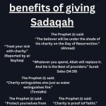 A graphic listing the benefits of giving Sadaqah, featuring quotes from the Prophet Muhammad ﷺ and references to Islamic sources.