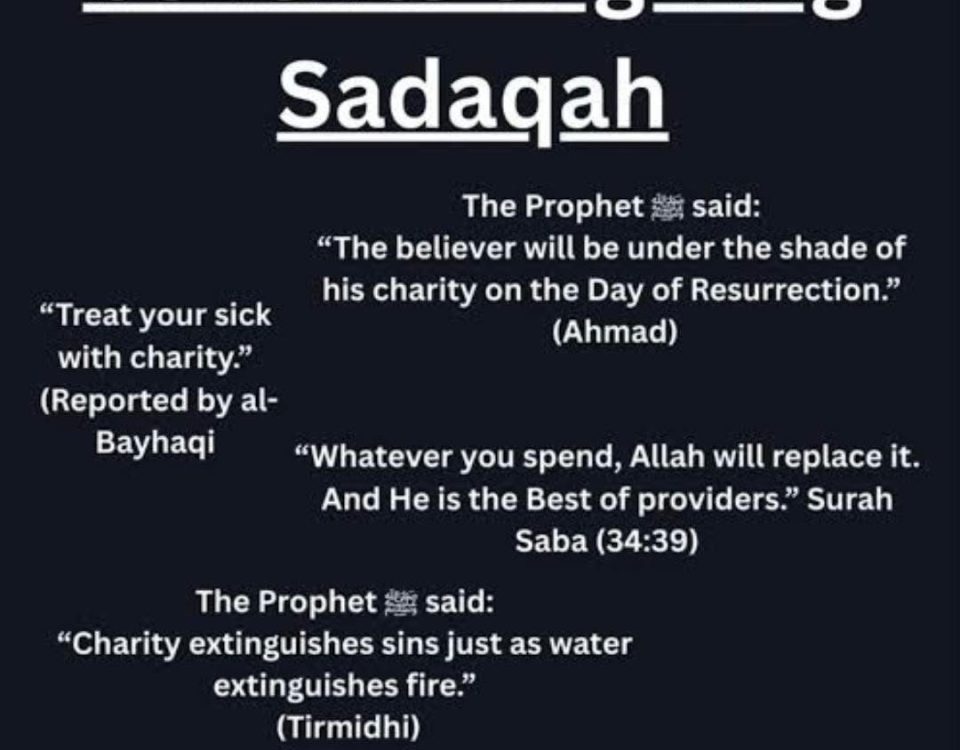A graphic listing the benefits of giving Sadaqah, featuring quotes from the Prophet Muhammad ﷺ and references to Islamic sources.